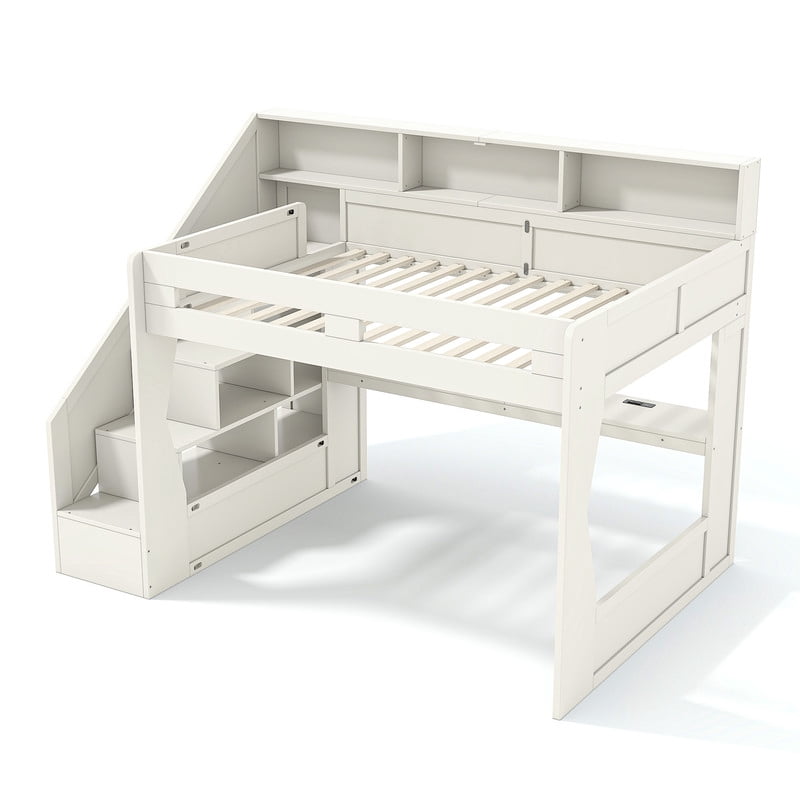 Queen Size Teens Gaming Bed Frame with Storage Stair & Open Headboard Shelves, Wood Loft Bed with LED Light & Power Outlet Desk