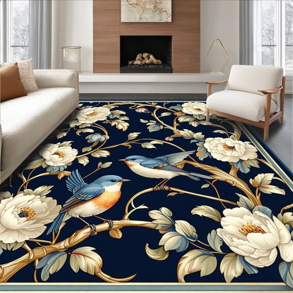 ODIKA 4'x6' Machine Washable Non-Slip Area Rug, Vintage Inspired Floral and Motif with Delicate Vine Scrolls High Traffic Rug, Navy, 232830