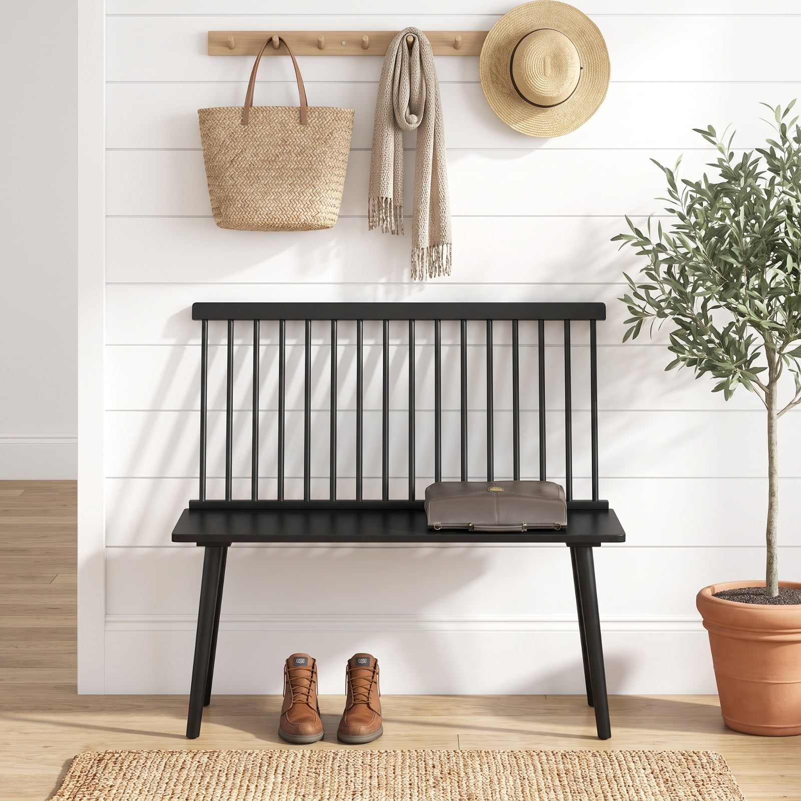 Furnibear Entryway Bench for 2 with Spindle Back for Kitchen Dining Room and Hallway