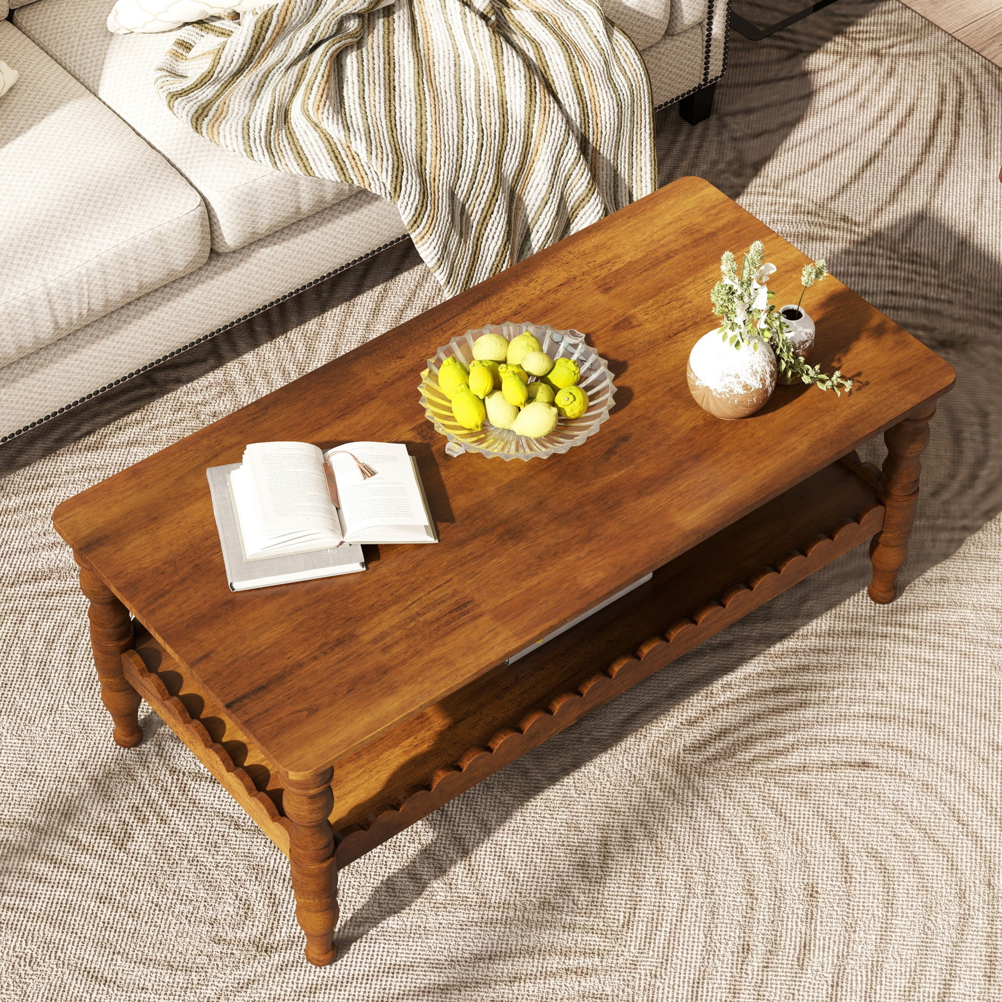 BSHTI Antique Brown 43.3” Rectangle Coffee Table with 2-Tier Design and Storage Shelf(Antique Brown)