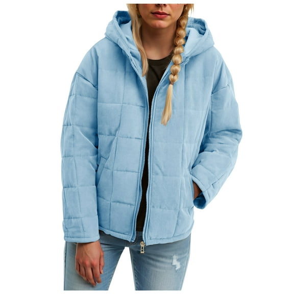 felwors Women's Quilted Hooded Jacket - Zip-Up Padded Coat with Pockets, Loose Casual Fit for Fall & Winter Blue, XL