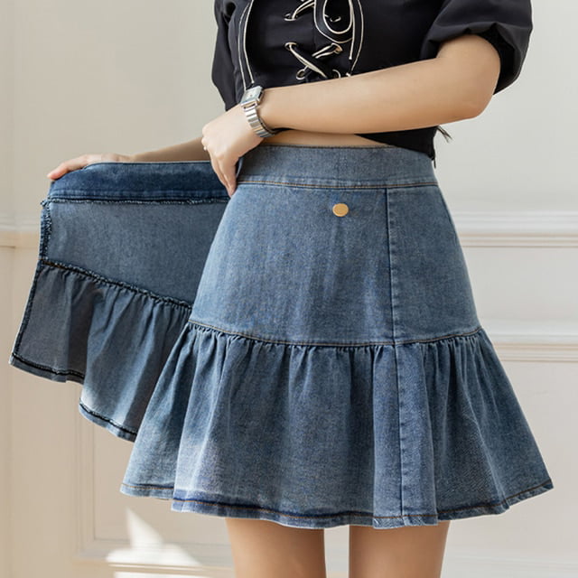 PIKADINGNIS Blue Denim Mini Skirt for Women Summer Ruffles High-waisted  Skirts Woman Korean Chic Asymmetrical Hem A-line Skirt