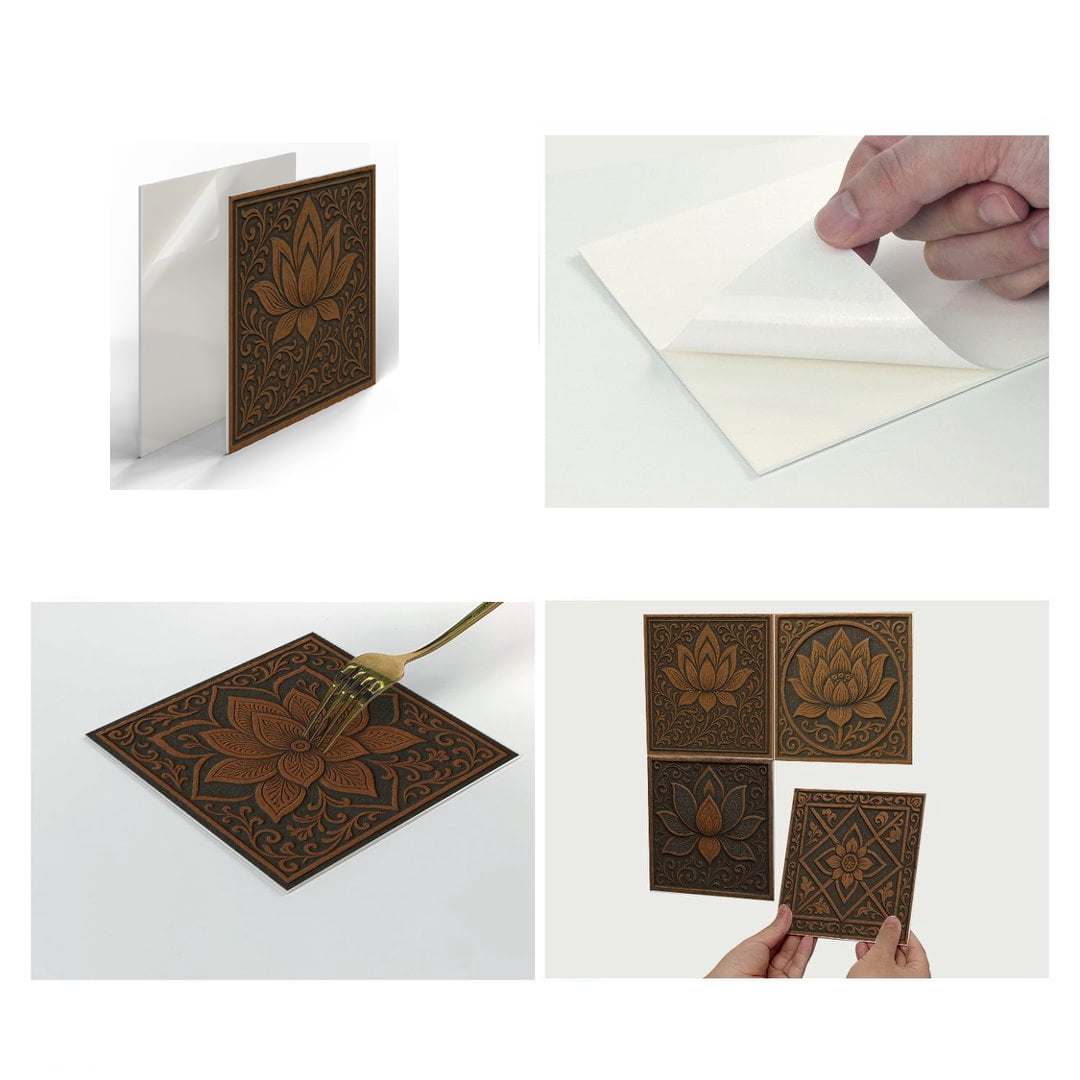 12 Pcs Foaming Board Vinyl Tiles Stickers Wall Decals 5.91" x 5.91" Waterproof Peel and Stick Backsplash Kitchen Brown Gray Flowers Pattern Mural