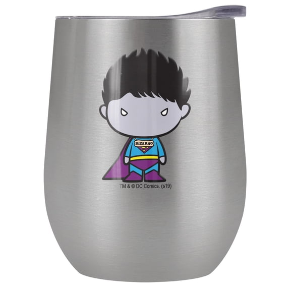 Superman Official Bizarro Cute Chibi Character 12 OZ Stemless Wine Tumbler, Stainless Steel Travel Cup|Lake Tumbler|Insulated with Leak Resistant Slide-Lock Lid, Stainless Steel