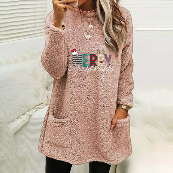 Uootdi Christmas Womens Fleece Lined Gift Long Sleeve Sweatshirts Sherpa Fuzzy Cute Tops Pullover Warm Winter Trendy Clothing F unny Xmas