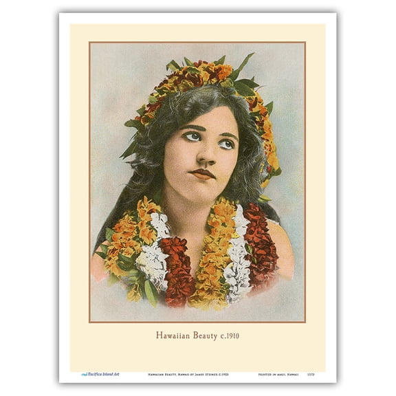 Hawaiian Beauty Hawaii - Island Curio Co. of Honolulu - Vintage Hawaiian Colored Postcard by James Steiner c.1903 - Master Art Print (Unframed) 9in x 12in