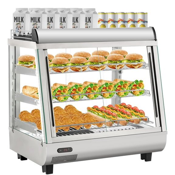 3-Tier Commercial Food Warmer Display, 26''Food Display Warmer w/LED Lights & Glass Door, Pastry Display Case for Hamburger, Pizza, Bread, Fried Chicken