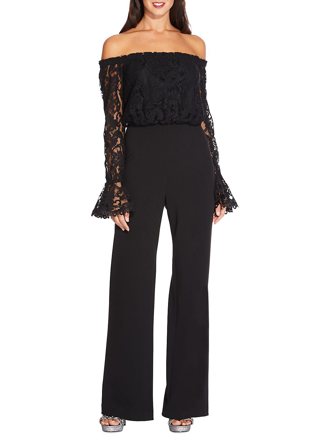 Adrianna Papell womens Knit Crepe Wide Leg Jumpsuit W/Off the Shoulder Lace  Top 10 Black