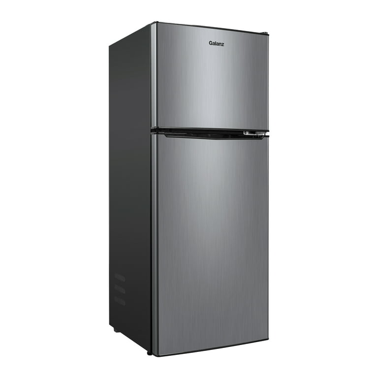 Galanz 4.6. Cu ft Two Door Mini Refrigerator with Freezer, Stainless Steel,  New, Width 19.13
