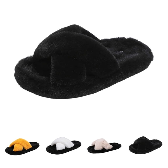 SAWOBUUN Womens Fuzzy Cross Band Slippers Cozy Warm Faux Fur House Slippers Open Toe Fluffy Soft Indoor Slide Slippers