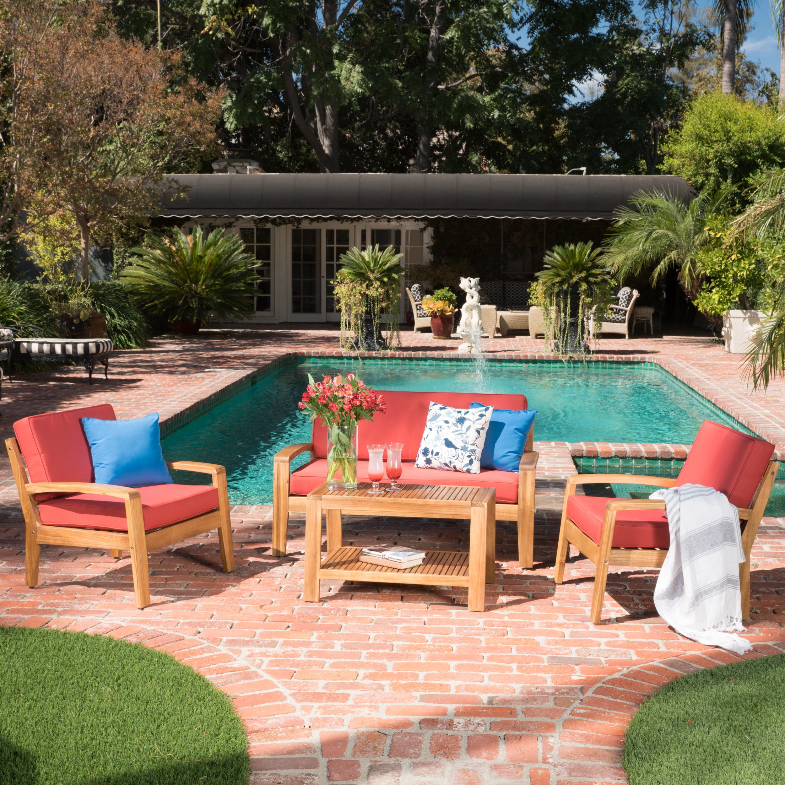 Europa Outdoor 4 Piece Acacia Wood Chat Set with Cushions, Teak, Red