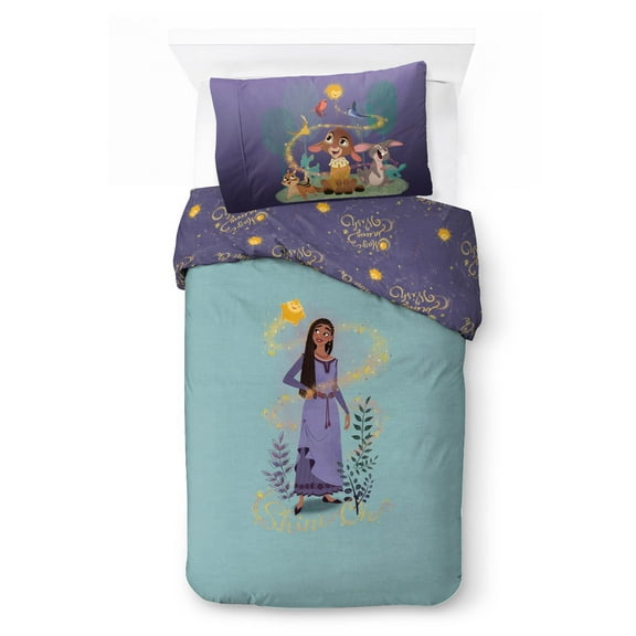 Disney Wish Kids 2-Piece Twin/Full Reversible Comforter and Pillowcase Bedding Set, Microfiber, Purple