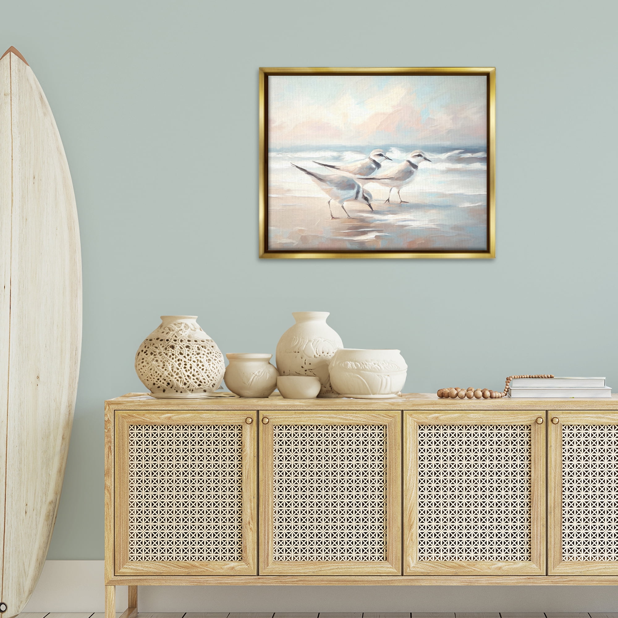Stupell Industries Bay with Beach Birds Coastal Painting Gold Floater Framed Canvas Art Print Wall Art, 31 x 25
