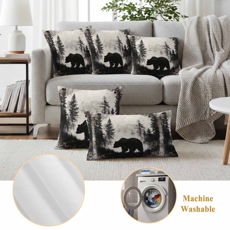 Bear & Pine Forest Waterproof Throw Pillow Covers – 18×18″ Set Of 2 – Outdoor/Indoor Boho Decor – For Patio, Garden, Couch & Living Room