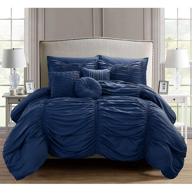 Mocassi 10pc Pleated Bed-in-a-Bag, Ruched Ruffle Comforter Set Featuring Decorative Pillows and Fitted Sheet Full/Queen, Navy
