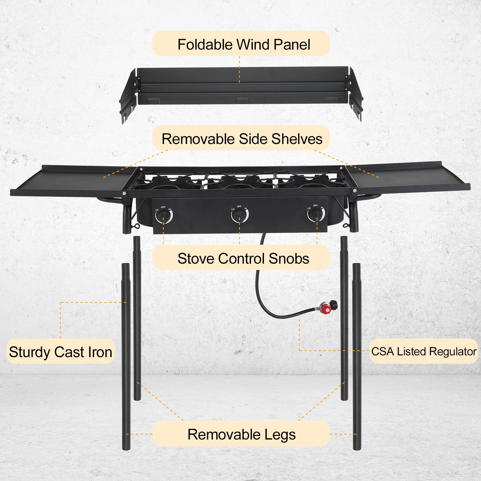 GoDecor 3 Burner Propane Camping Stove with Detachable Legs and Wind Panels