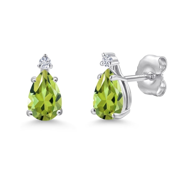 Gem Stone King 14K White Gold Green Peridot and White Moissanite Stud Earrings for Women | 0.87 Cttw | Gemstone August Birthstone | Pear Shape 6X4MM