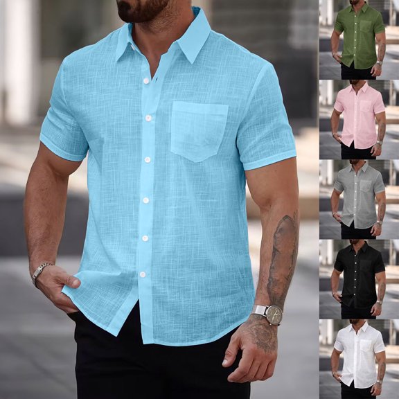 Shirts for Men Short Sleeve V-Neck Solid Color Button-up Pullover Blouse Plus Size Stand Up Collar Casual Loose Leisure Breathable Tops for Men