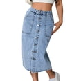 thumbnail image 4 of BRGZLK Jean Skirt for Women Summer Casual Fashion High Waist Button Down Stretch Versatile Retro Midi Denim Skirts with Pockets Blue S, 4 of 5