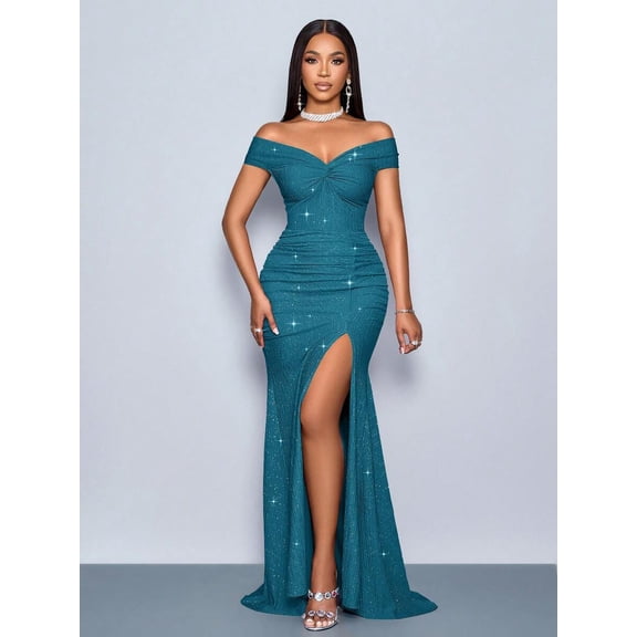 Teal Blue Elegant Twisted Off-Shoulder Mermaid Maxi Dress With High Slit And Sparkling Sheen For Evening Party