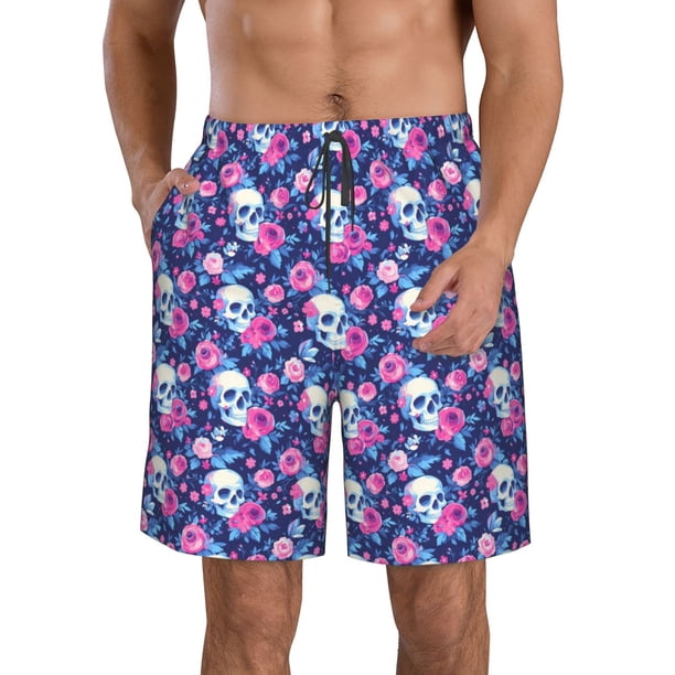 Balery Skull Flower Traje de Baño Estilo Hawaiano para Hombre, Shorts de Secado Rápido con Bolsillos-3X-Large