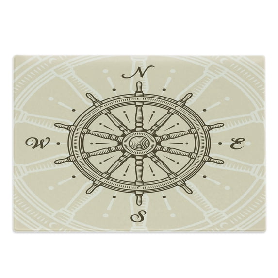 Ships Wheel Cutting Board, Retro Ship Wheel Antique Sailboat Navigation Tool Monochromic Nostalgic Print, Decorative Tempered Glass Cutting and Serving Board, Large Size, Beige Brown, by Ambesonne