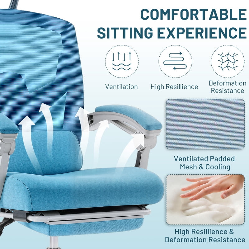 Ergonomic Office Chair with Footrest, Swivel Mesh Chair with Lumbar Support, Headrest and Flip-up Armrests for Home Office, Blue