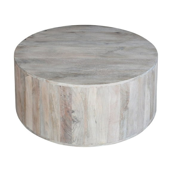 36 Inch Coffee Table- Handcrafted Drum Shape- Washed White Mango Wood
