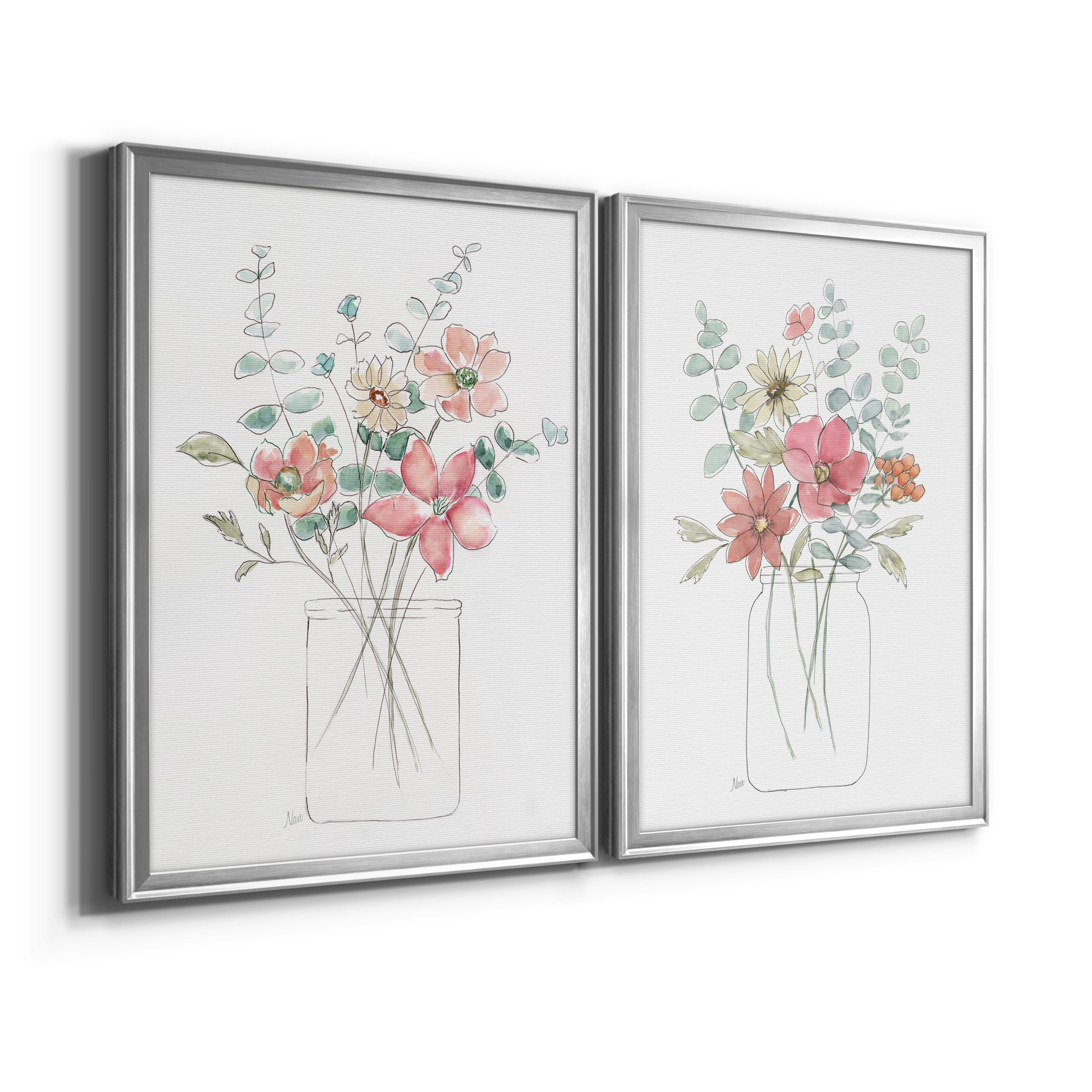 2 Piece Set Whimsical Wildflowers I Premium Framed Canvas - Ready to Hang - 26.5 x 36.5 Each - Silver Frame