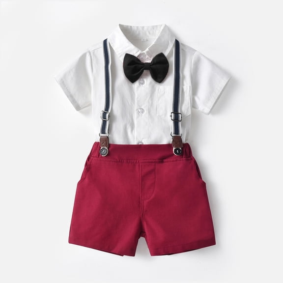 Toddler Boys Clothes Set Short Sleeve Shirt Tops Shorts with Tie Child Gentleman Outfits Sets Size 18-24 Months ,Red