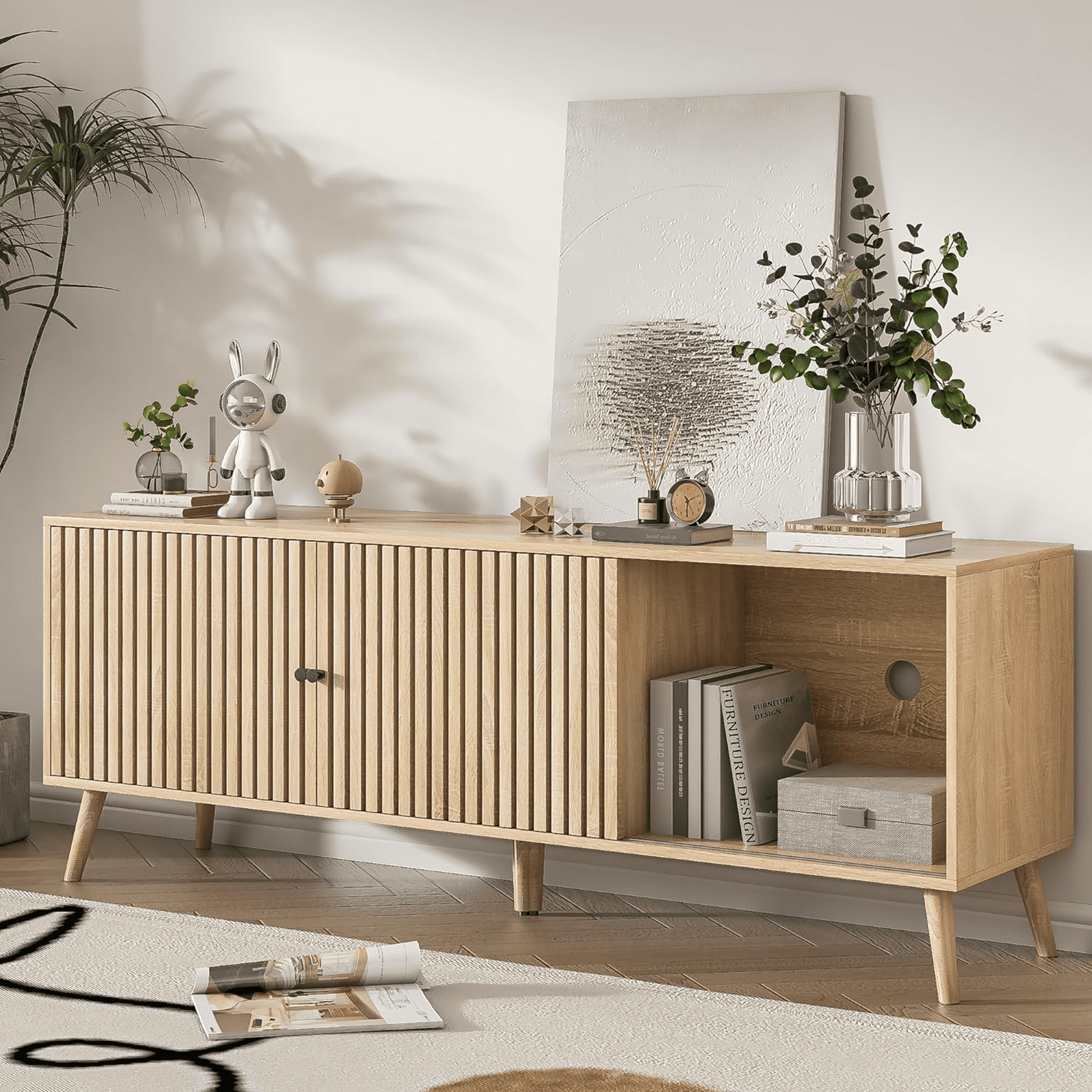 Oubayajia Mid-Century Modern 63" TV Stand for TVs up to 70”, Wood TV Console with Waveform Sliding Doors and Storage, Entertainment Center for Living Room Bedroom, Natural