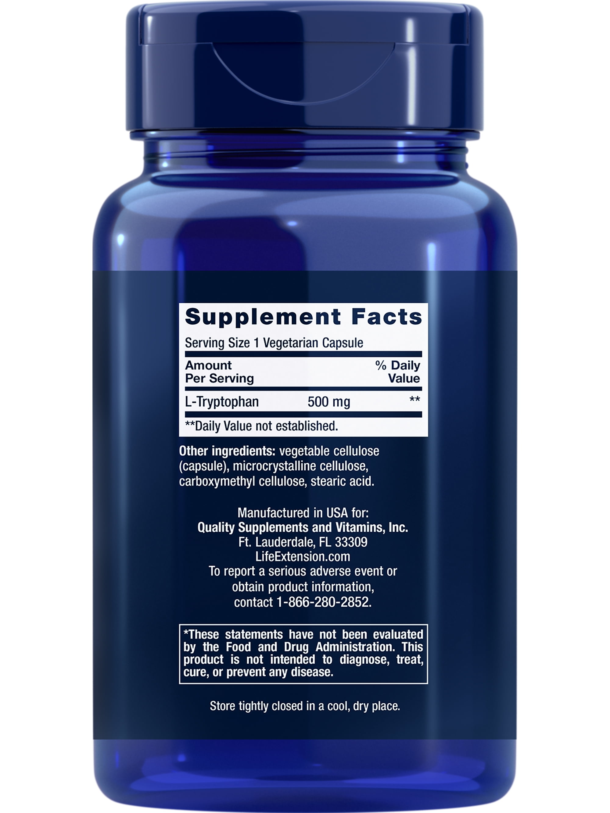 Life Extension L-Tryptophan 500 mg â L-Tryptophan Supplement for Healthy Sleep and Stress Response Support â Gluten-Free, Non-GMO, Vegetarian â 90 Capsules