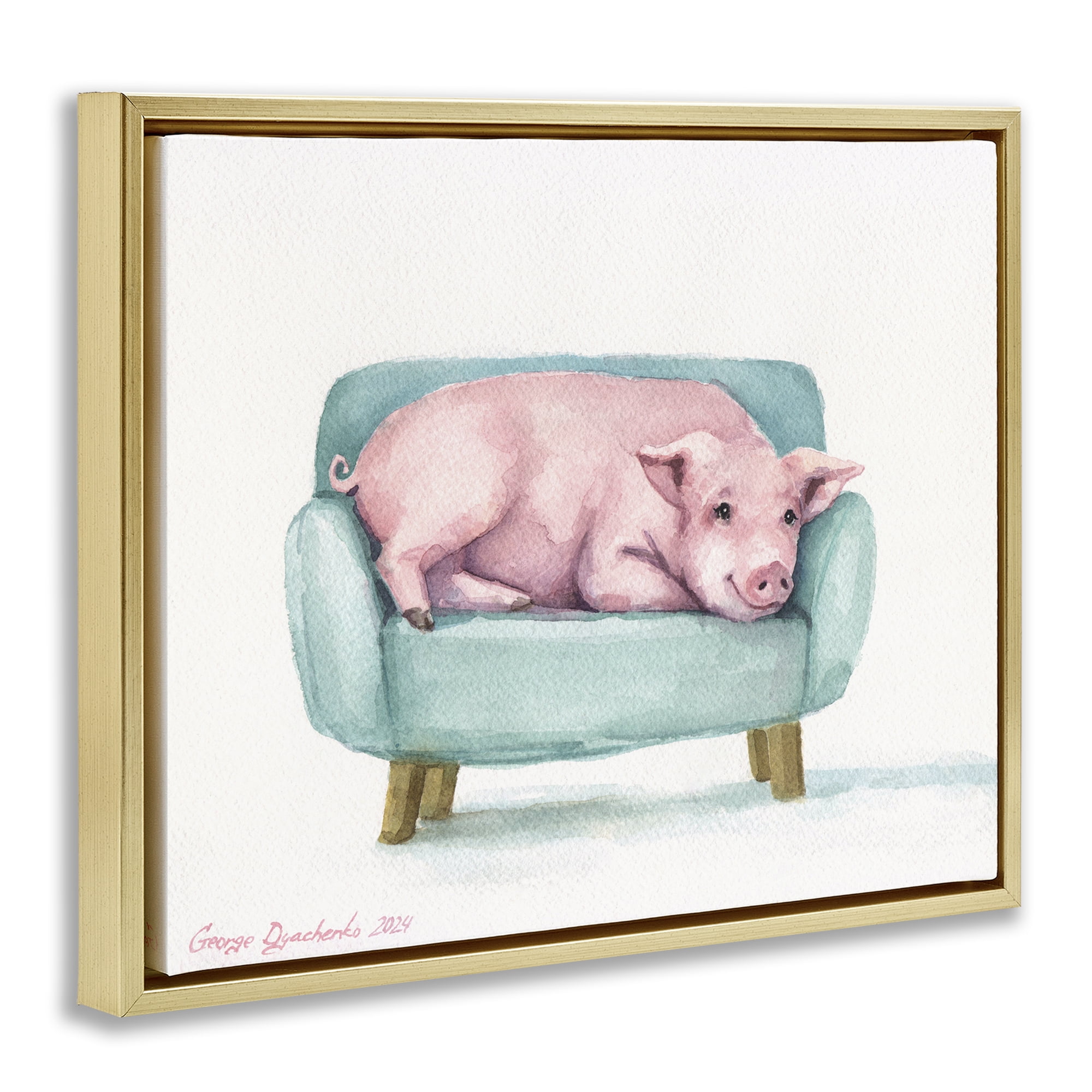 Stupell Industries Cute Piglet on Armchair Gold Framed Floater Canvas Wall Art, design by George Dyachenko