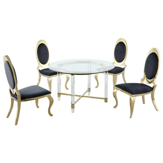 Ensemble de Salle à Manger 5 Pièces avec Table en Verre Circulaire et Accents en Acier Inoxydable Dorés