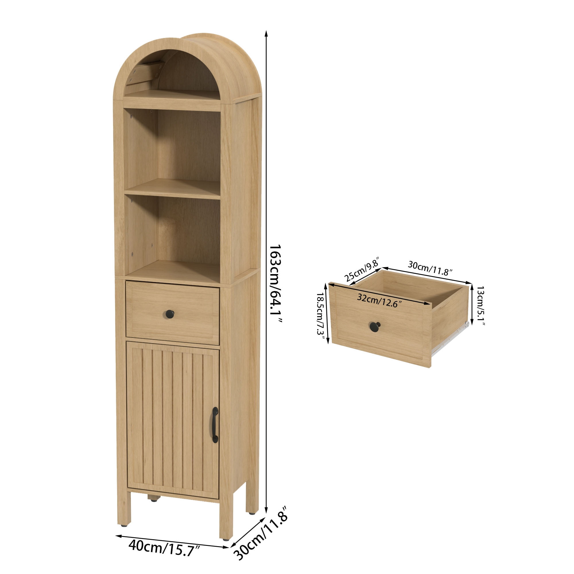 Oubayajia 64" Tall Bathroom Storage Cabinet, Narrow Tall Arched Linen Standing Tower Cabinet, Kitchen Cupboard with Adjustable Shelf and Drawer