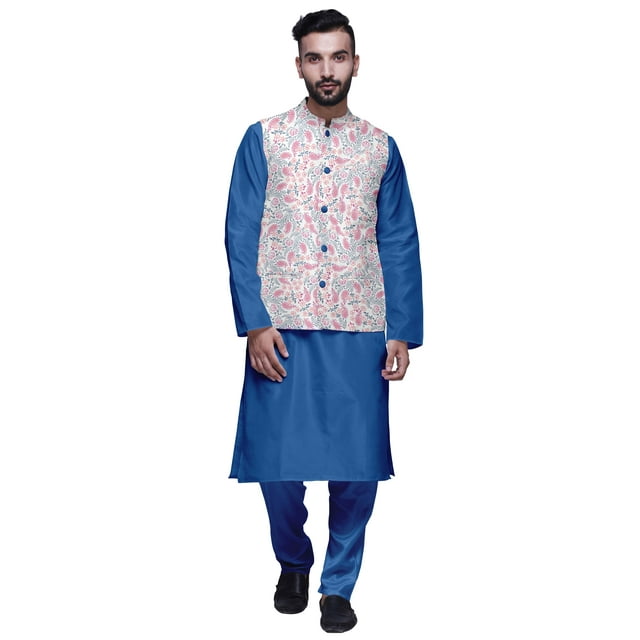 Atasi Kurta Pyjama Traditionnel Uni à Col Mandarin avec Ensemble de Veste Imprimée