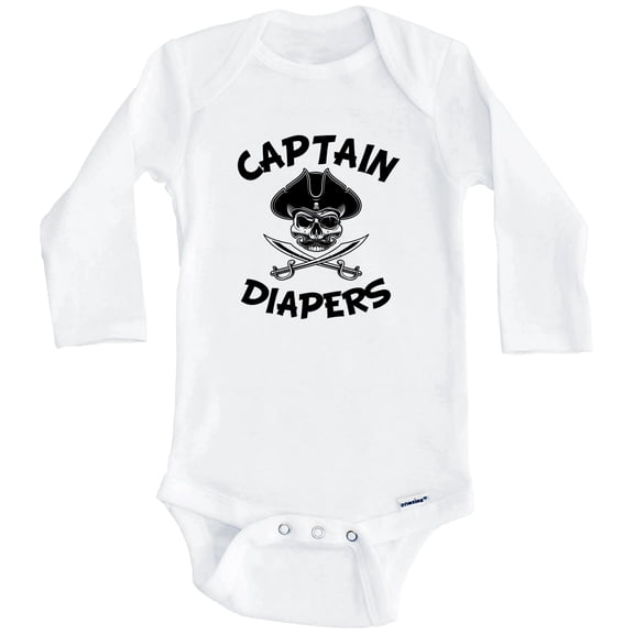 Captain Diapers Funny Pirate Skull One Piece Baby Bodysuit (Long Sleeve), 3-6 Months White