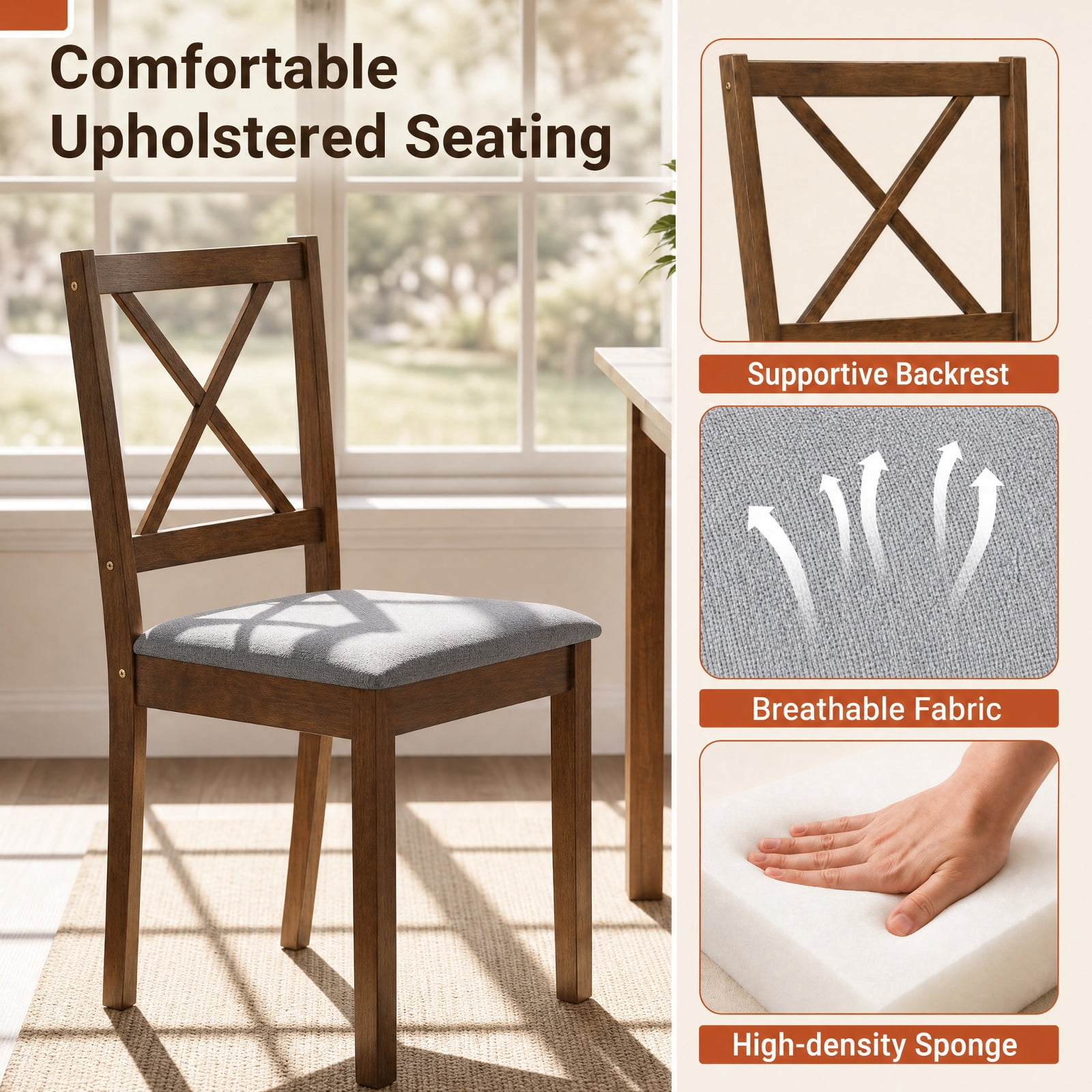 Furnibear 5 Piece Dining Table Set with Rectangular Table and Upholstered Fabric Kitchen Chairs for Dining Room Small Space Seating, Gray