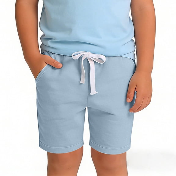 CYRBOKO Boys Athletic Shorts, Cotton Elastic Waist Drawstring Comfy Summer Shorts Light Blue Size 8 T