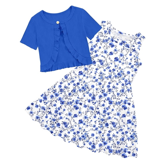 Lanbubble Girls Dresses Sleeveless Summer Dress with Cardigan for Kids Casual, 7-8 Years