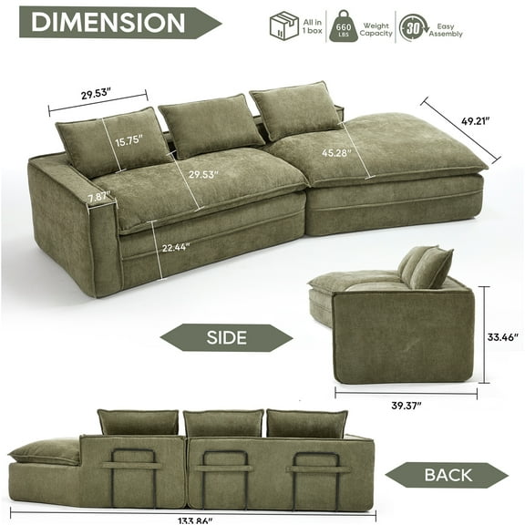 JERFIT Modern Minimalist L-Shaped Sectional Sofa with Chaise, Plush Fabric Upholstery, Deep Seating Cloud Couch for Living Room, Apartment, Green