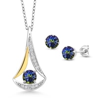 Gem Stone King 1.59 Ct Blue Mystic Topaz E-F Lab Grown Diamond 925 Silver and 10K Yellow Gold Pendant and Earrings Jewelry Set