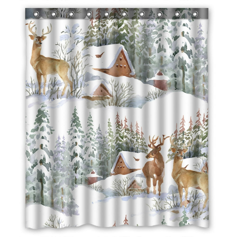YKCG Watercolor Winter Snow Reindeers Shower Curtain Waterproof Fabric