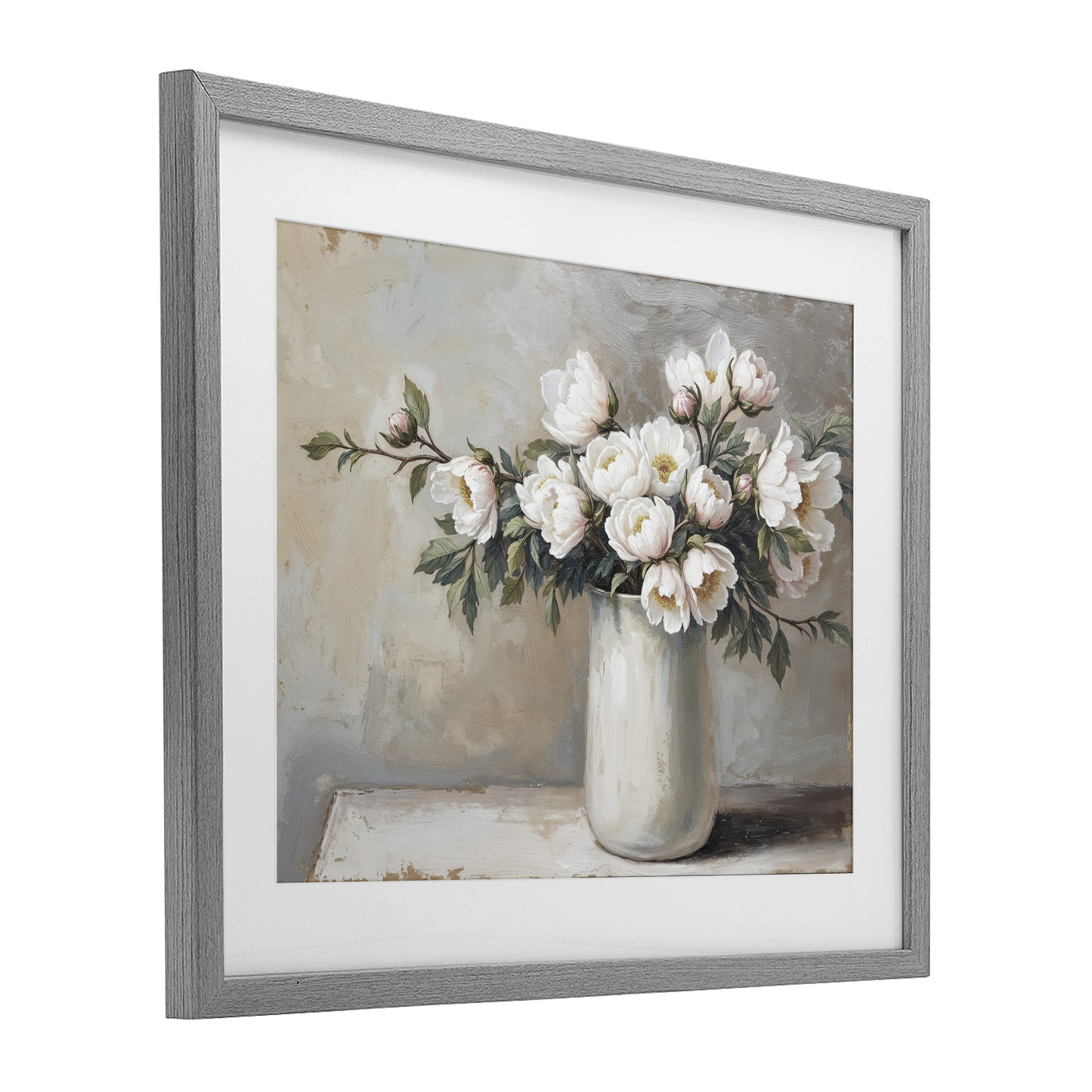 White Flowers in Vase Still Life Gray Framed Print Under Glass, design by Lettered and Lined