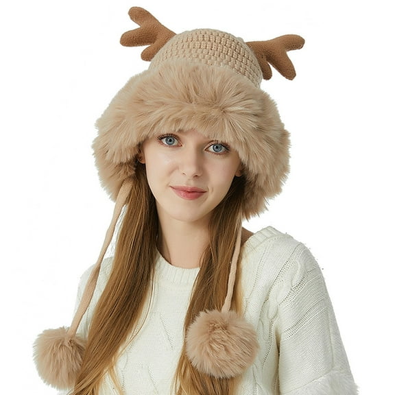 Generic Women'S Fluffy Winter Earflap Beanie Women'S Cable Knit Ear Cover Hat With Pom Pom Womens Knitting Hat Cute Wool Hat Autumn Winter New Thick Warm Ear Protection Hat Unisex Knit Beanie Cap