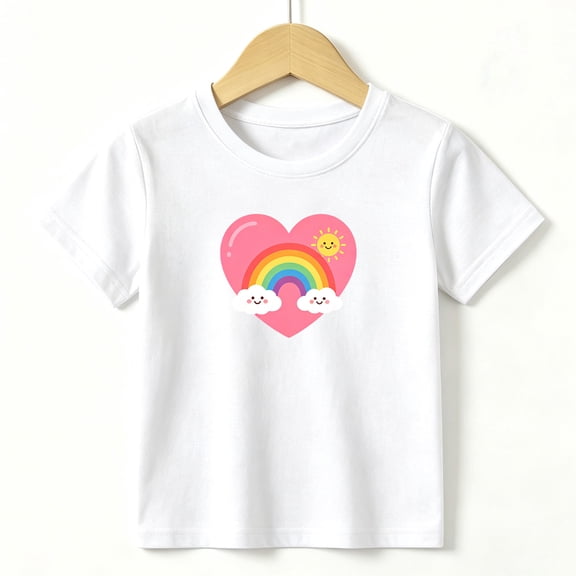 Girls Graphic Tees Rainbow Sunshine Heart Kids T Shirt Cute 100% Cotton Short Sleeve Soft Tops 4-13Y White