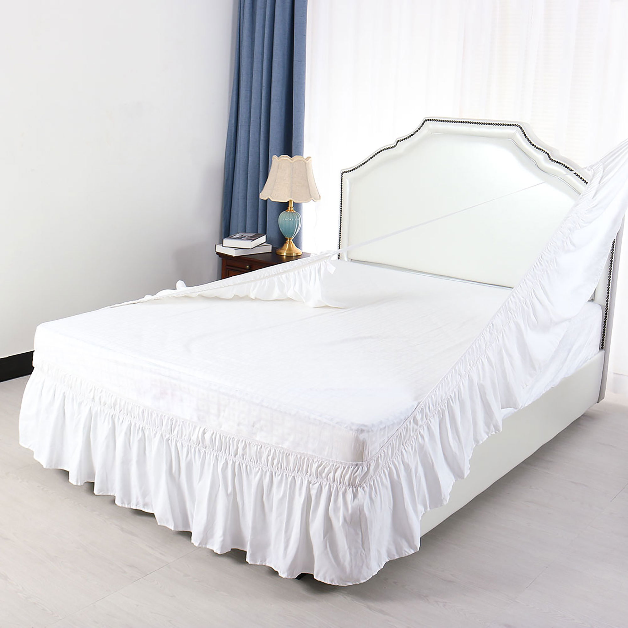 Creative Wrap Around Bed Skirt Polyester Elastic Anti Dust Ruffle Fabric Sides Silky Soft Bed Skirt Wrinkle Free Classic Stylish Bed Skirt 1pc White US-King Type 