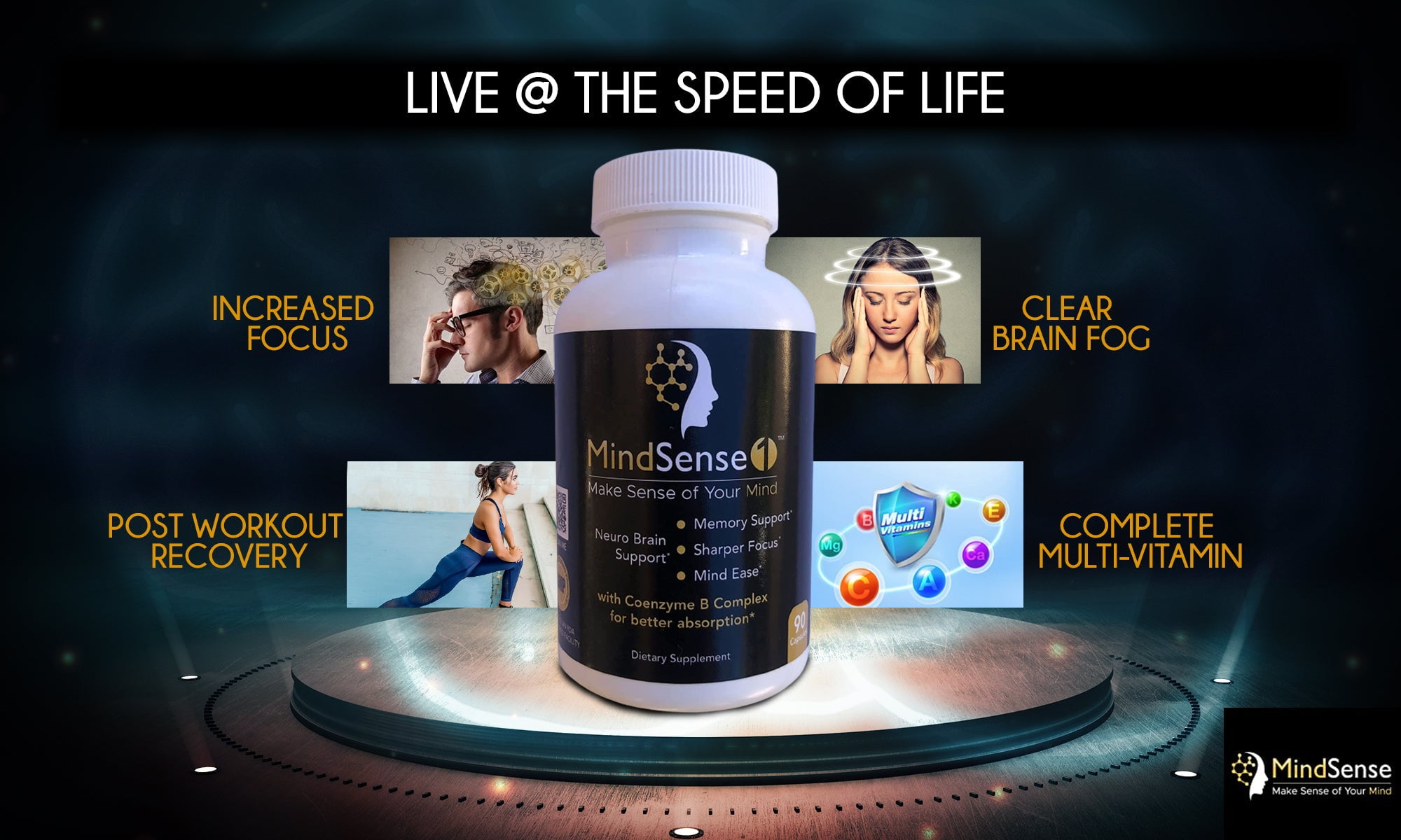 MindSense 1 Nootropic Brain Support Dietary Supplement-90 Capsules - 1 Month Supply