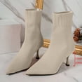 thumbnail image 5 of Women Solid Color Pointed Toe Knit Sock Ankle Boots Stiletto Thin High Heel Stretch Slip on Fall Winter Dress Short Booties Beige 5.5(36), 5 of 5