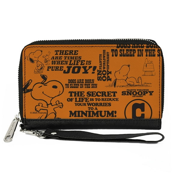 Peanuts Wallet, Zip Around, Snoopy Poses and Quotes Collage Orange Black, Vegan Leather